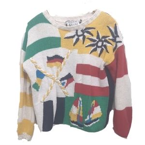 Vintage Izod Country Flags Stripes Women's Knit Crewneck Sweater Size Medium.